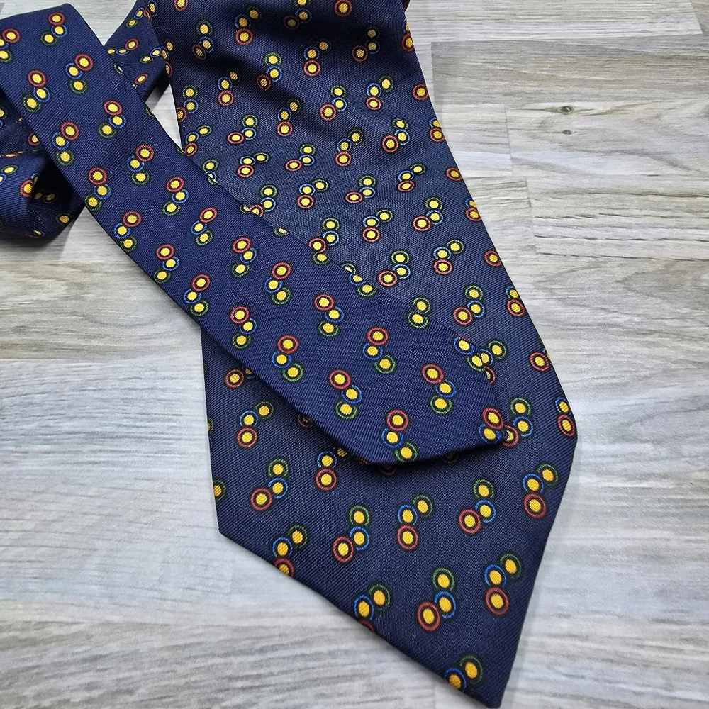 Bowring Arundel &‎ Co navy blue 100% silk yellow gold polka dot tie 56